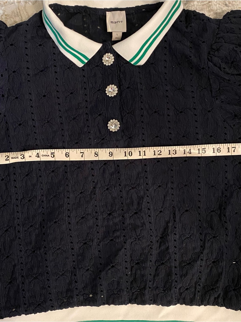 Maeve Knit Navy Polo Top with White & Green Trim and Crystal Buttons - Picture 9 of 11